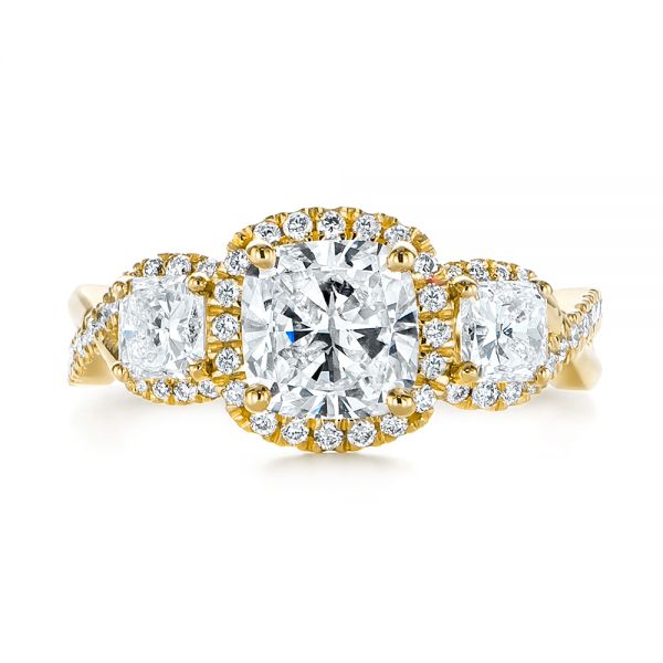 18k Yellow Gold 18k Yellow Gold Three Stone Cushion Diamond Criss Cross Engagement Ring - Top View - 105123