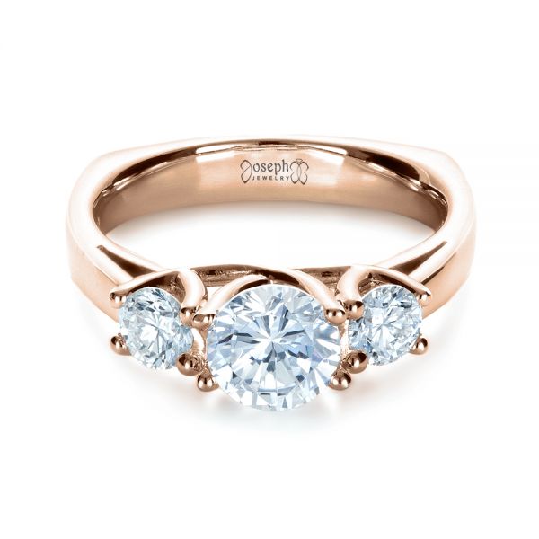18k Rose Gold 18k Rose Gold Three Stone Diamond Engagement Ring - Flat View -  1286