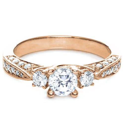 14k Rose Gold 14k Rose Gold Three Stone Diamond Engagement Ring - Flat View -  236