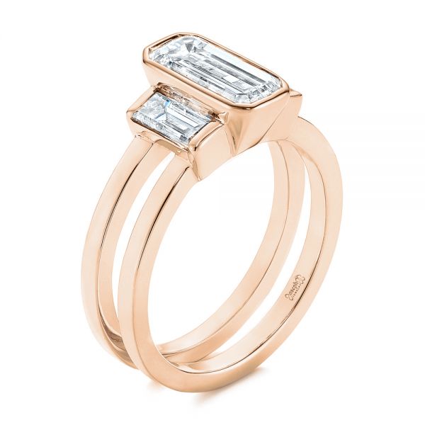 18k Rose Gold 18k Rose Gold Three Stone Emerald Diamond Interlocking Engagement Ring - Three-Quarter View -  105864