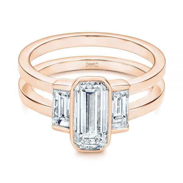 18k Rose Gold 18k Rose Gold Three Stone Emerald Diamond Interlocking Engagement Ring - Flat View - 105864
