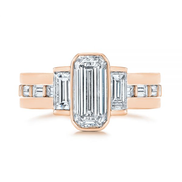 18k Rose Gold 18k Rose Gold Three Stone Emerald Diamond Interlocking Engagement Ring - Top View -  105864