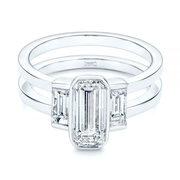 14k White Gold Three Stone Emerald Diamond Interlocking Engagement Ring - Flat View -  105864