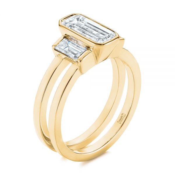 14k Yellow Gold 14k Yellow Gold Three Stone Emerald Diamond Interlocking Engagement Ring - Three-Quarter View -  105864