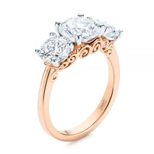 18k Rose Gold And Platinum 18k Rose Gold And Platinum Three Stone Filigree Diamond Engagement Ring - Three-Quarter View -  106148 - Thumbnail