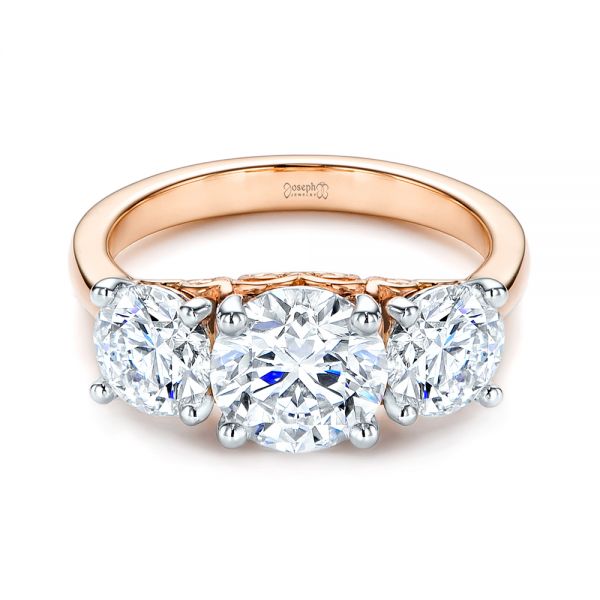 14k Rose Gold And Platinum 14k Rose Gold And Platinum Three Stone Filigree Diamond Engagement Ring - Flat View -  106148 - Thumbnail