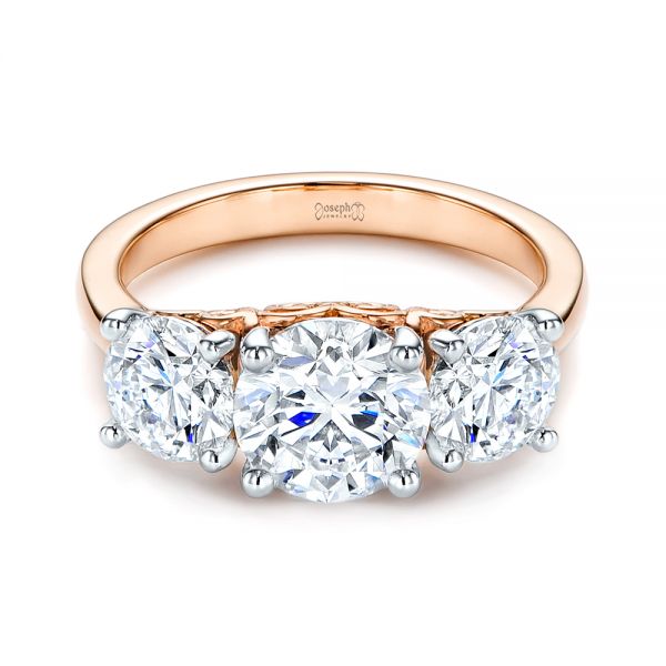 14k Rose Gold And Platinum 14k Rose Gold And Platinum Three Stone Filigree Diamond Engagement Ring - Flat View - 106148
