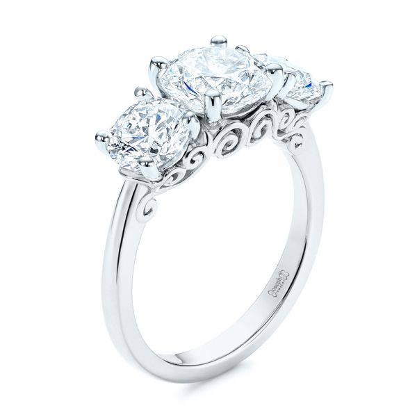 18k White Gold And Platinum 18k White Gold And Platinum Three Stone Filigree Diamond Engagement Ring - Three-Quarter View -  106148 - Thumbnail