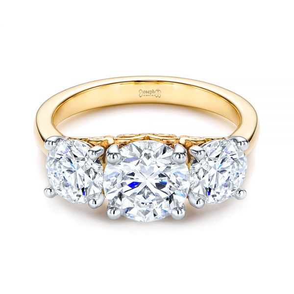 18k Yellow Gold And 14K Gold 18k Yellow Gold And 14K Gold Three Stone Filigree Diamond Engagement Ring - Flat View -  106148 - Thumbnail