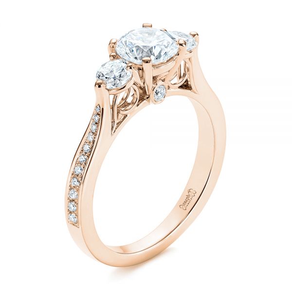 18k Rose Gold 18k Rose Gold Three Stone Filigree Peekaboo Diamond Engagement Ring - Three-Quarter View -  105208