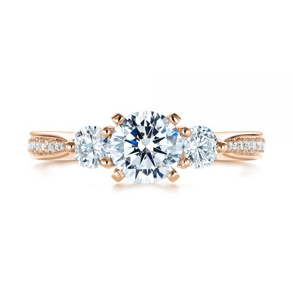 14k Rose Gold 14k Rose Gold Three Stone Filigree Peekaboo Diamond Engagement Ring - Top View - 105208