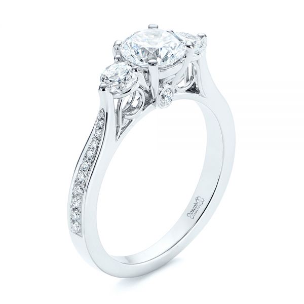 18k White Gold Three Stone Filigree Peekaboo Diamond Engagement Ring - Three-Quarter View -  105208