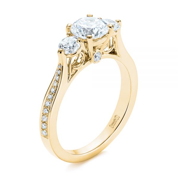 18k Yellow Gold 18k Yellow Gold Three Stone Filigree Peekaboo Diamond Engagement Ring - Three-Quarter View -  105208