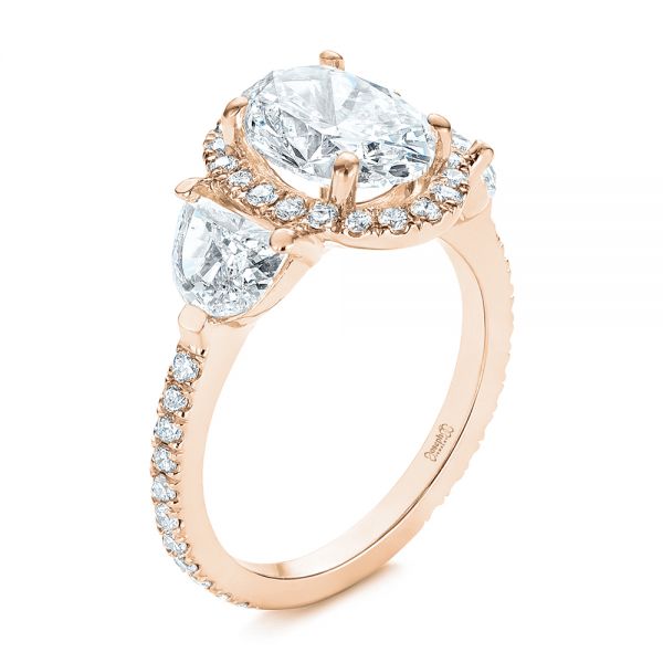 14k Rose Gold 14k Rose Gold Three Stone Half Moon Diamond Halo Engagement Ring - Three-Quarter View -  105184