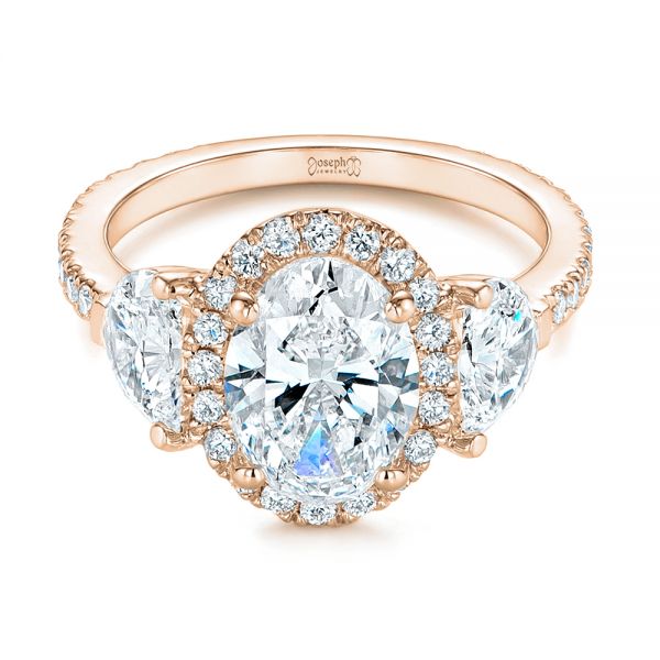 18k Rose Gold 18k Rose Gold Three Stone Half Moon Diamond Halo Engagement Ring - Flat View -  105184