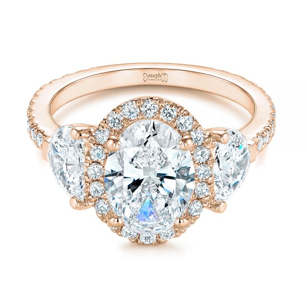 14k Rose Gold 14k Rose Gold Three Stone Half Moon Diamond Halo Engagement Ring - Flat View - 105184
