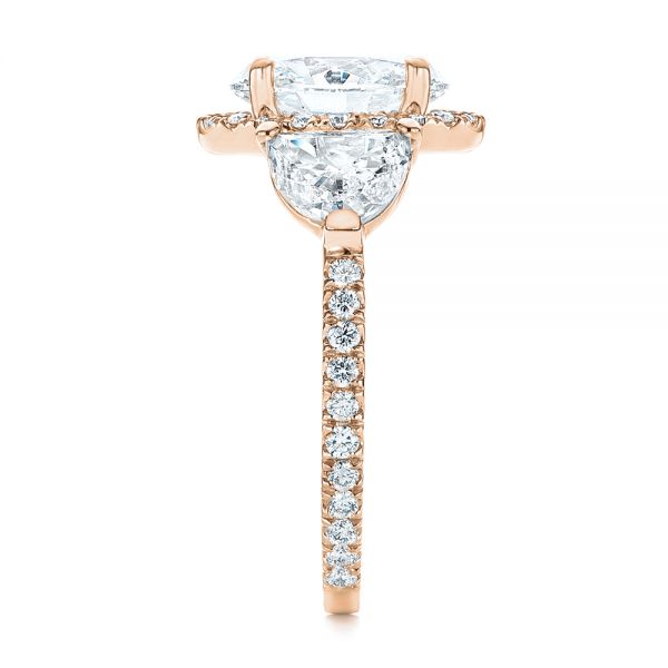 14k Rose Gold 14k Rose Gold Three Stone Half Moon Diamond Halo Engagement Ring - Side View -  105184