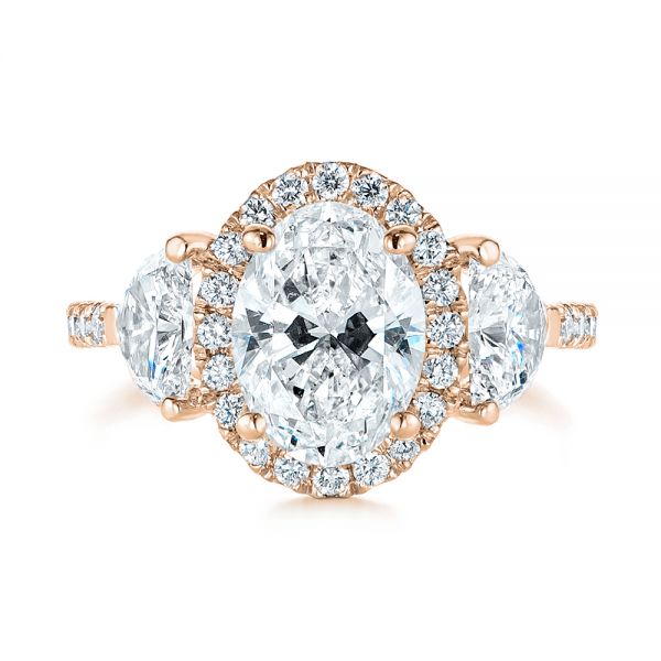 14k Rose Gold 14k Rose Gold Three Stone Half Moon Diamond Halo Engagement Ring - Top View -  105184