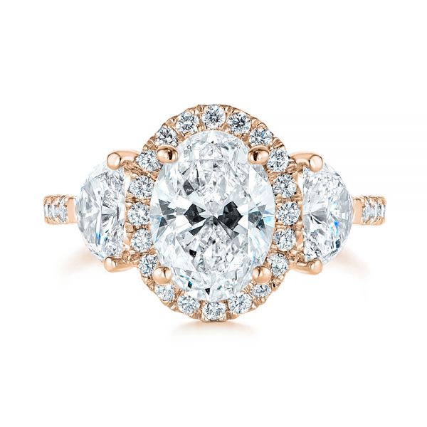 14k Rose Gold 14k Rose Gold Three Stone Half Moon Diamond Halo Engagement Ring - Top View - 105184