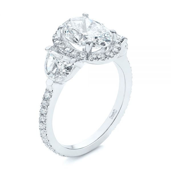  Platinum Three Stone Half Moon Diamond Halo Engagement Ring - Three-Quarter View -  105184