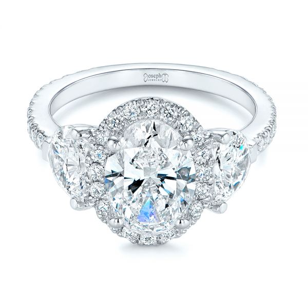 Platinum Three Stone Half Moon Diamond Halo Engagement Ring - Flat View - 105184