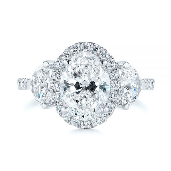 Platinum Three Stone Half Moon Diamond Halo Engagement Ring - Top View - 105184