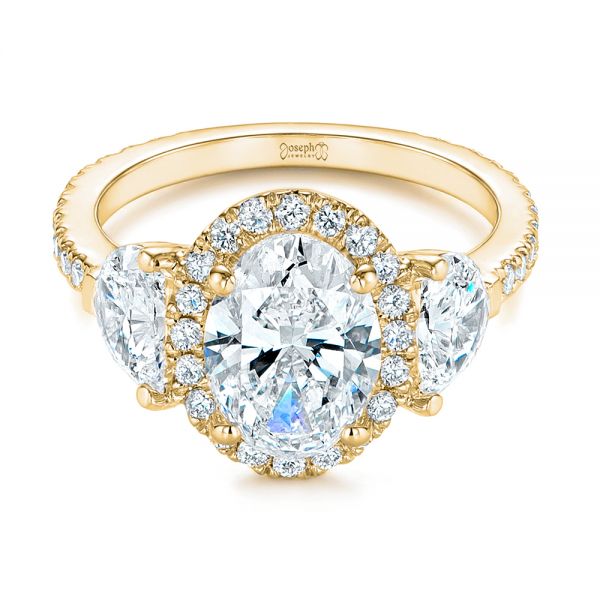 14k Yellow Gold 14k Yellow Gold Three Stone Half Moon Diamond Halo Engagement Ring - Flat View -  105184