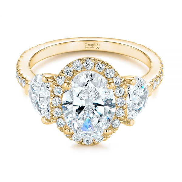 14k Yellow Gold 14k Yellow Gold Three Stone Half Moon Diamond Halo Engagement Ring - Flat View - 105184