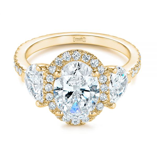 18k Yellow Gold 18k Yellow Gold Three Stone Half Moon Diamond Halo Engagement Ring - Flat View -  105184