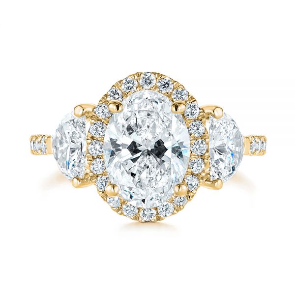 14k Yellow Gold 14k Yellow Gold Three Stone Half Moon Diamond Halo Engagement Ring - Top View - 105184