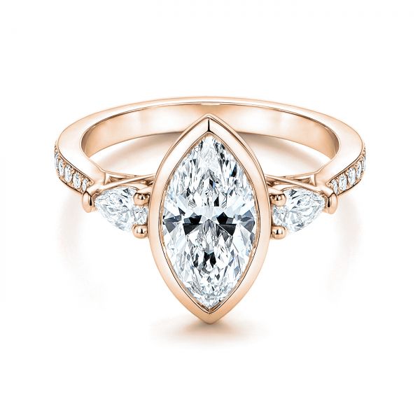 18k Rose Gold 18k Rose Gold Three Stone Marquise Diamond Engagement Ring - Flat View -  106658