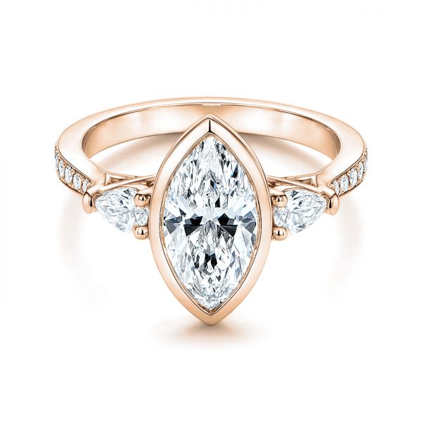 18k Rose Gold 18k Rose Gold Three Stone Marquise Diamond Engagement Ring - Flat View - 106658