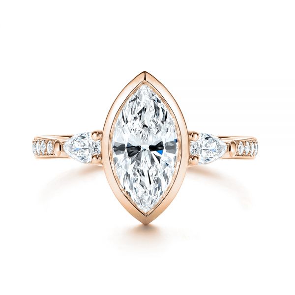 18k Rose Gold 18k Rose Gold Three Stone Marquise Diamond Engagement Ring - Top View - 106658