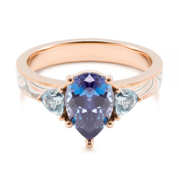 14k Rose Gold Three Stone Mokume Engagement Ring - Flat View - 107215