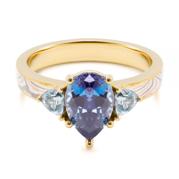 18k Yellow Gold 18k Yellow Gold Three Stone Mokume Engagement Ring - Flat View - 107215
