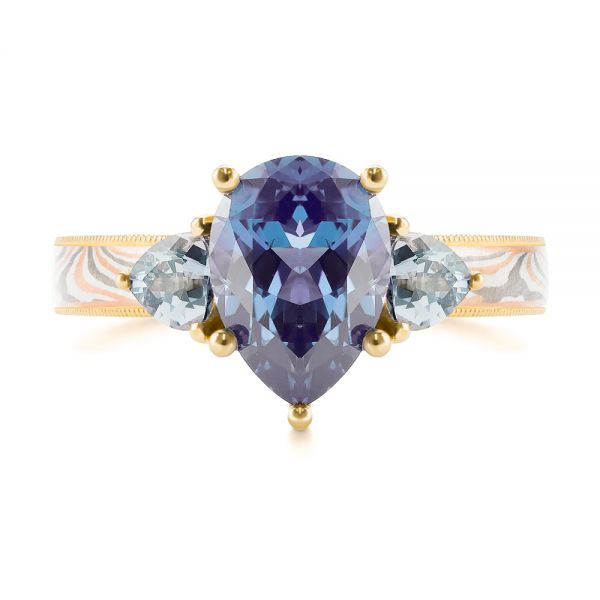 18k Yellow Gold 18k Yellow Gold Three Stone Mokume Engagement Ring - Top View - 107215