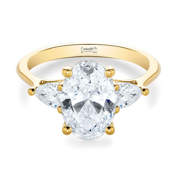 14k Yellow Gold Three Stone Oval Engagement Ring With Pear Shape Accents - Flat View -  107435