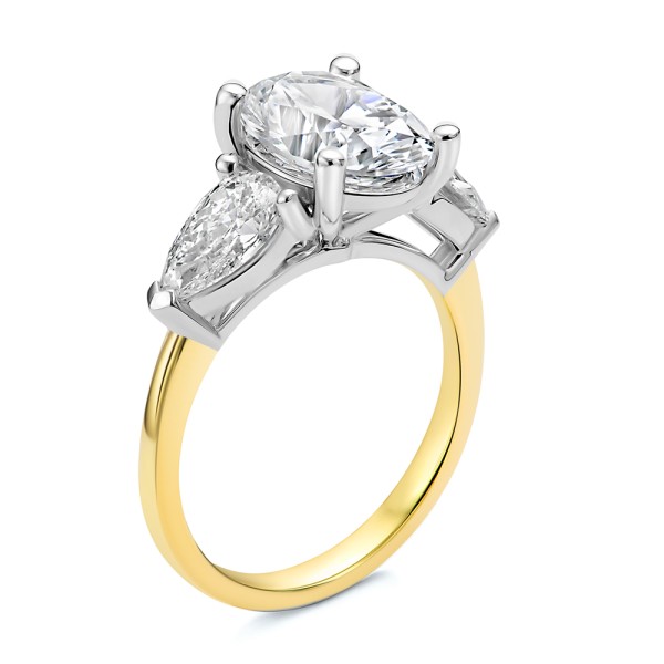Three Stone Oval & Pear Diamond Engagement Ring - Image