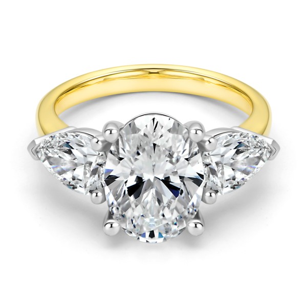 14k Yellow Gold Three Stone Oval and Pear Diamond Engagement Ring - Flat View -  107812 - Thumbnail