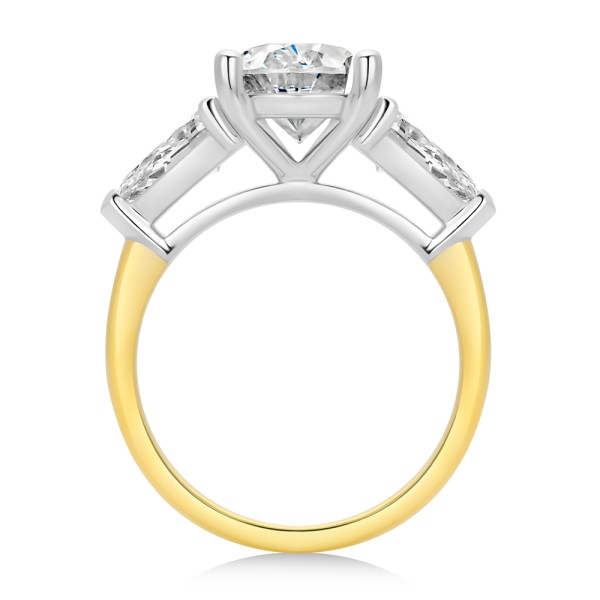 14k Yellow Gold Three Stone Oval and Pear Diamond Engagement Ring - Front View -  107812 - Thumbnail