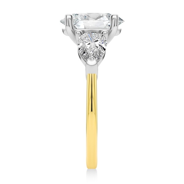 14k Yellow Gold Three Stone Oval and Pear Diamond Engagement Ring - Side View -  107812 - Thumbnail