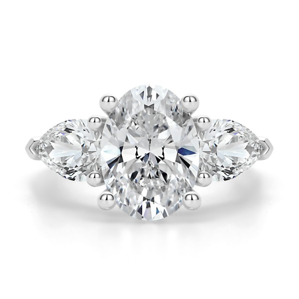 14k Yellow Gold Three Stone Oval and Pear Diamond Engagement Ring - Top View -  107812 - Thumbnail