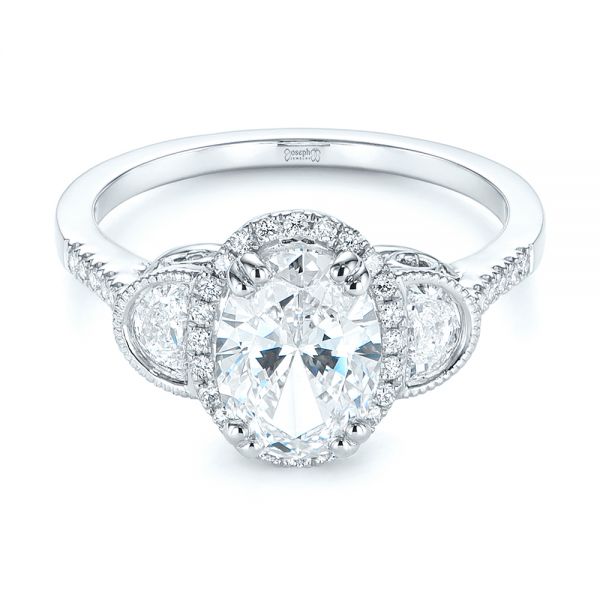 14k White Gold Three-stone Oval And Half Moon Diamond Engagement Ring - Flat View -  105118