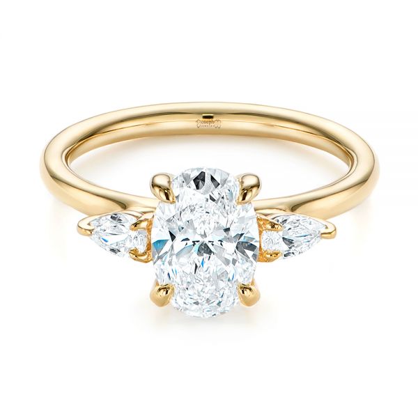 14k Yellow Gold Three Stone Oval And Pear Diamond Engagement Ring - Flat View -  105122