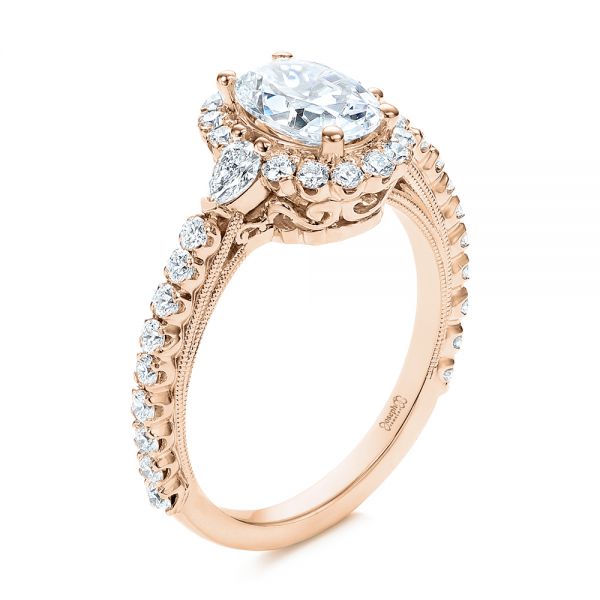 18k Rose Gold 18k Rose Gold Three-stone Oval And Pear Diamond Halo Engagement Ring - Three-Quarter View -  105675 - Thumbnail