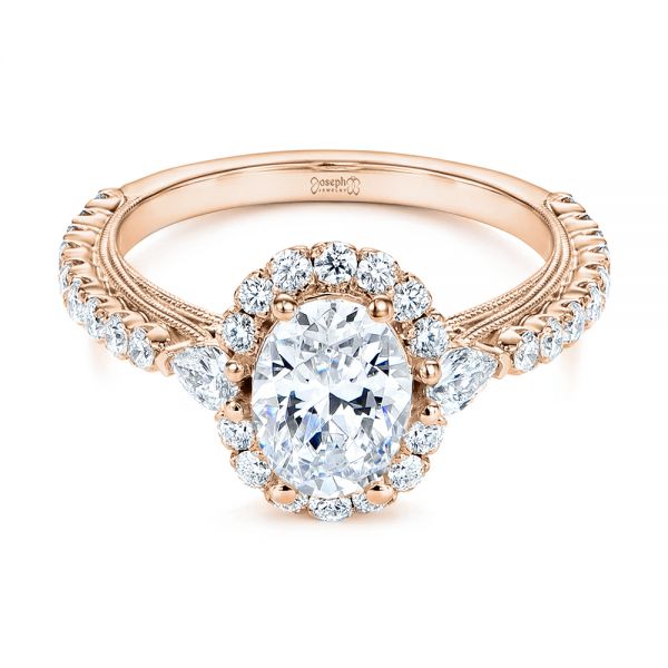 18k Rose Gold 18k Rose Gold Three-stone Oval And Pear Diamond Halo Engagement Ring - Flat View -  105675 - Thumbnail