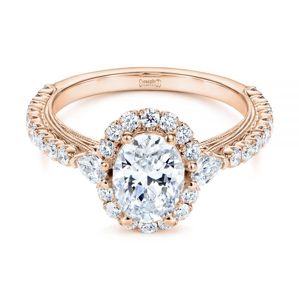 18k Rose Gold 18k Rose Gold Three-stone Oval And Pear Diamond Halo Engagement Ring - Flat View - 105675