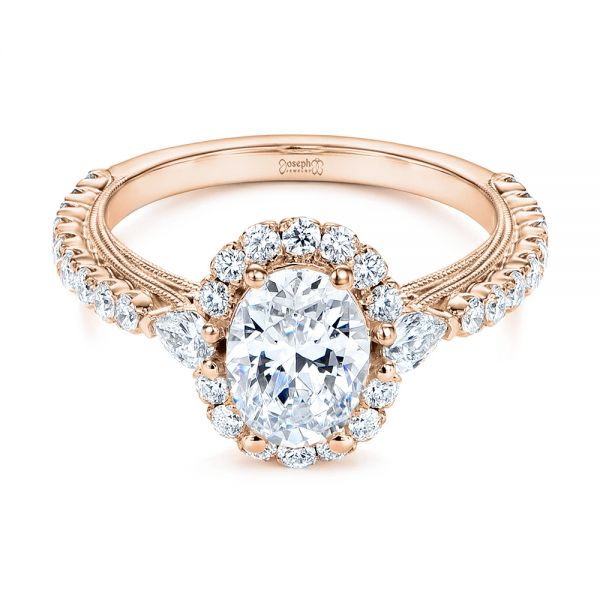 14k Rose Gold 14k Rose Gold Three-stone Oval And Pear Diamond Halo Engagement Ring - Flat View -  105675 - Thumbnail