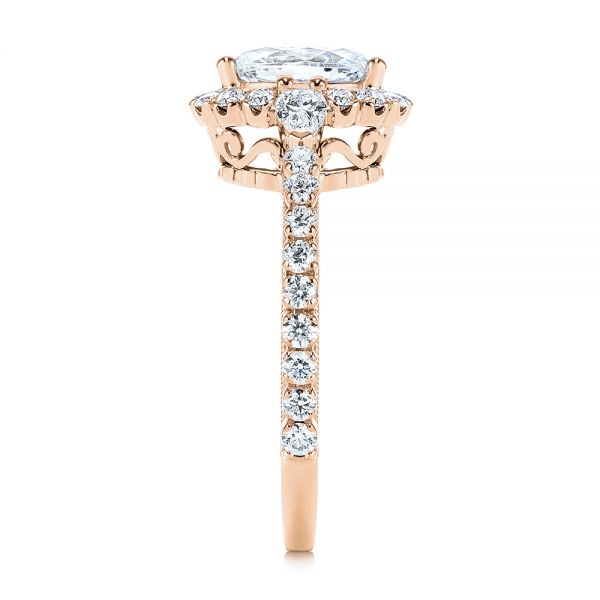 18k Rose Gold 18k Rose Gold Three-stone Oval And Pear Diamond Halo Engagement Ring - Side View -  105675 - Thumbnail