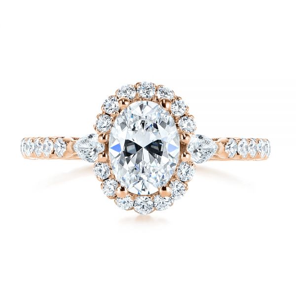 18k Rose Gold 18k Rose Gold Three-stone Oval And Pear Diamond Halo Engagement Ring - Top View -  105675